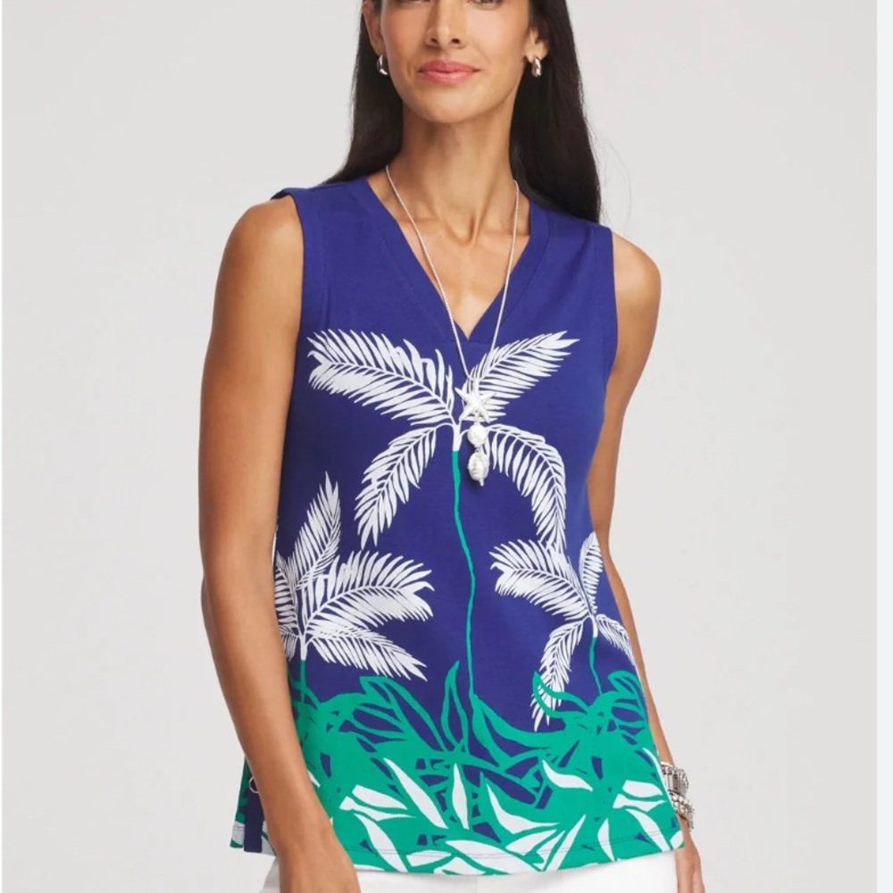 NEW Chico’s Palm V Neck basic knot 100% Cotton tank blue casa Size 2 fits 12/14